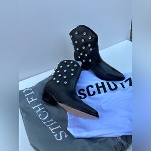 New SCHUTZ Rhinestone Western Black Leather Boots 6.5B +Free Stitch Fix Dust Bag